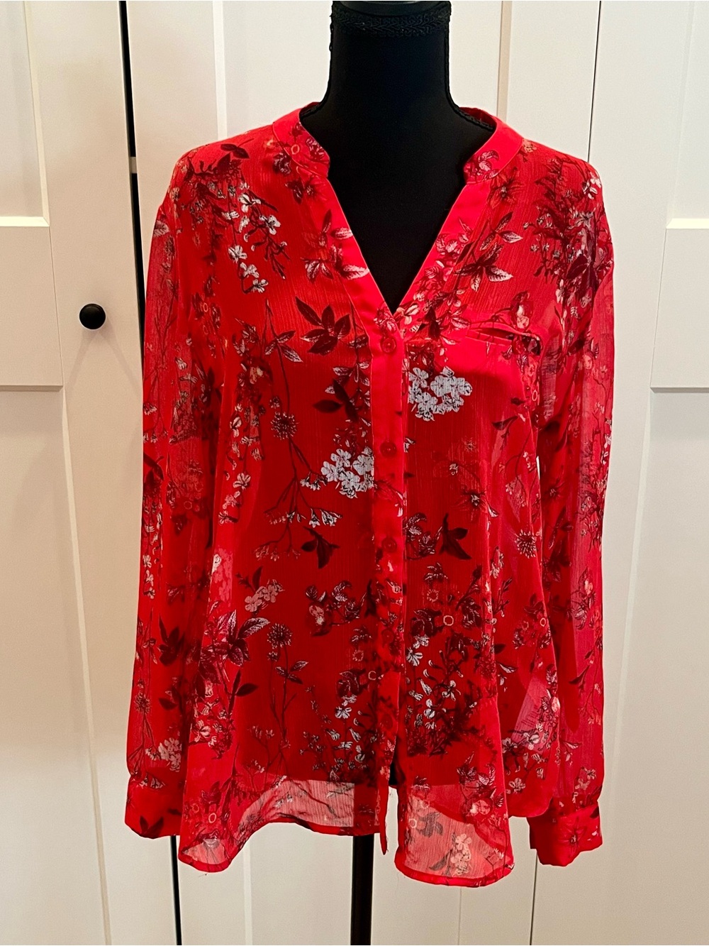 Kut from the Kloth Red Floral Sheer Button Blouse w/ Cream & Burgundy Accents